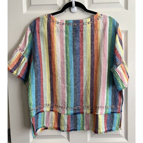 JOHN MARK Rainbow Striped 100% Linen Embroidered Raw Hem Blouse Top Sz S - Picture 5 of 11